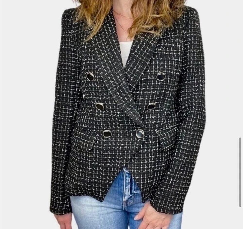 Rachel Zoe Blazer Womens XS Black Double Breasted Tweed Wool Career Office